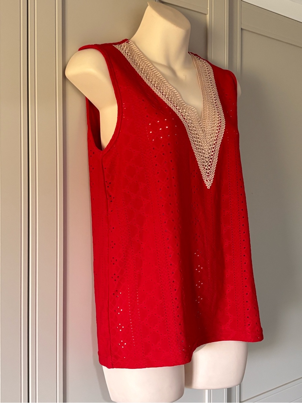 Red V-Neck Sleeveless Eyelet Top with Contrast Trim